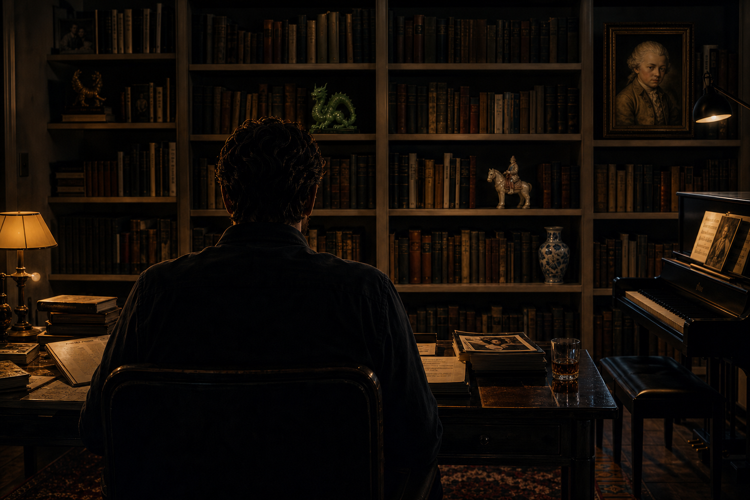 A cinematic view from behind private detective Zev Maslo in a West LA bungalow study with a piano and bookshelves